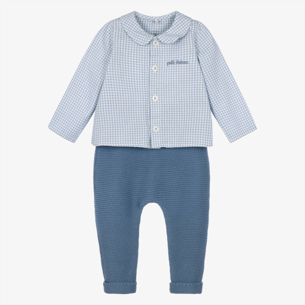Petit Bateau-Baby Boys Blue Gingham Check Shirt & Trousers Set | Childrensalon