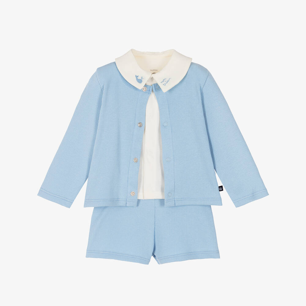 Petit Bateau-Baby Boys Blue Ribbed Jersey Shorts Set | Childrensalon