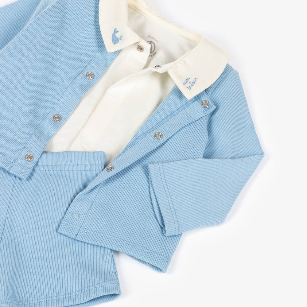 Petit Bateau-Baby Boys Blue Ribbed Jersey Shorts Set | Childrensalon