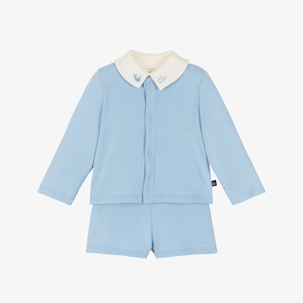 Petit Bateau-Baby Boys Blue Ribbed Jersey Shorts Set | Childrensalon