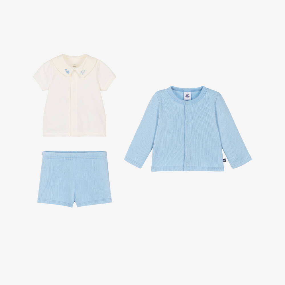 Petit Bateau-Baby Boys Blue Ribbed Jersey Shorts Set | Childrensalon
