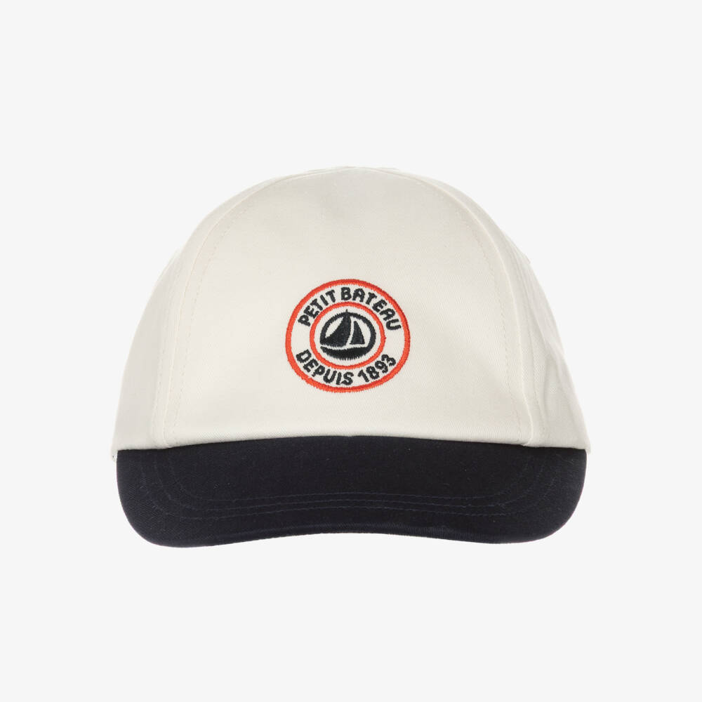 Petit Bateau-Baby Boys Ivory Cotton Twill Cap with Navy Blue Peak | Childrensalon