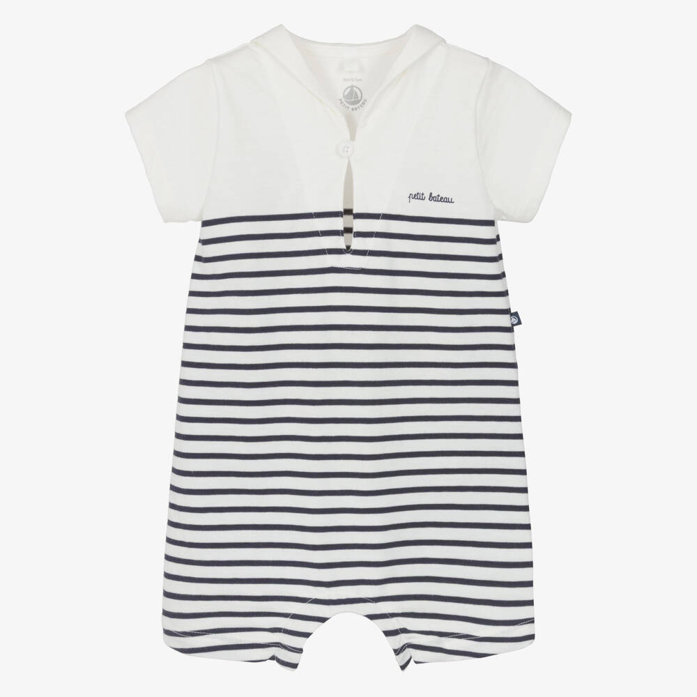 Petit Bateau-Baby Boys Ivory & Navy Blue Stripe Cotton Shortie | Childrensalon