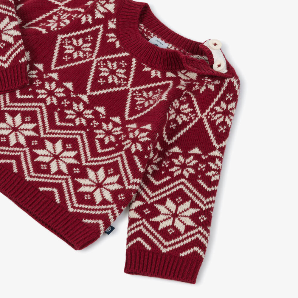 Petit Bateau-Baby Boys Red Wool & Cotton Knit Festive Fair Isle Sweater | Childrensalon