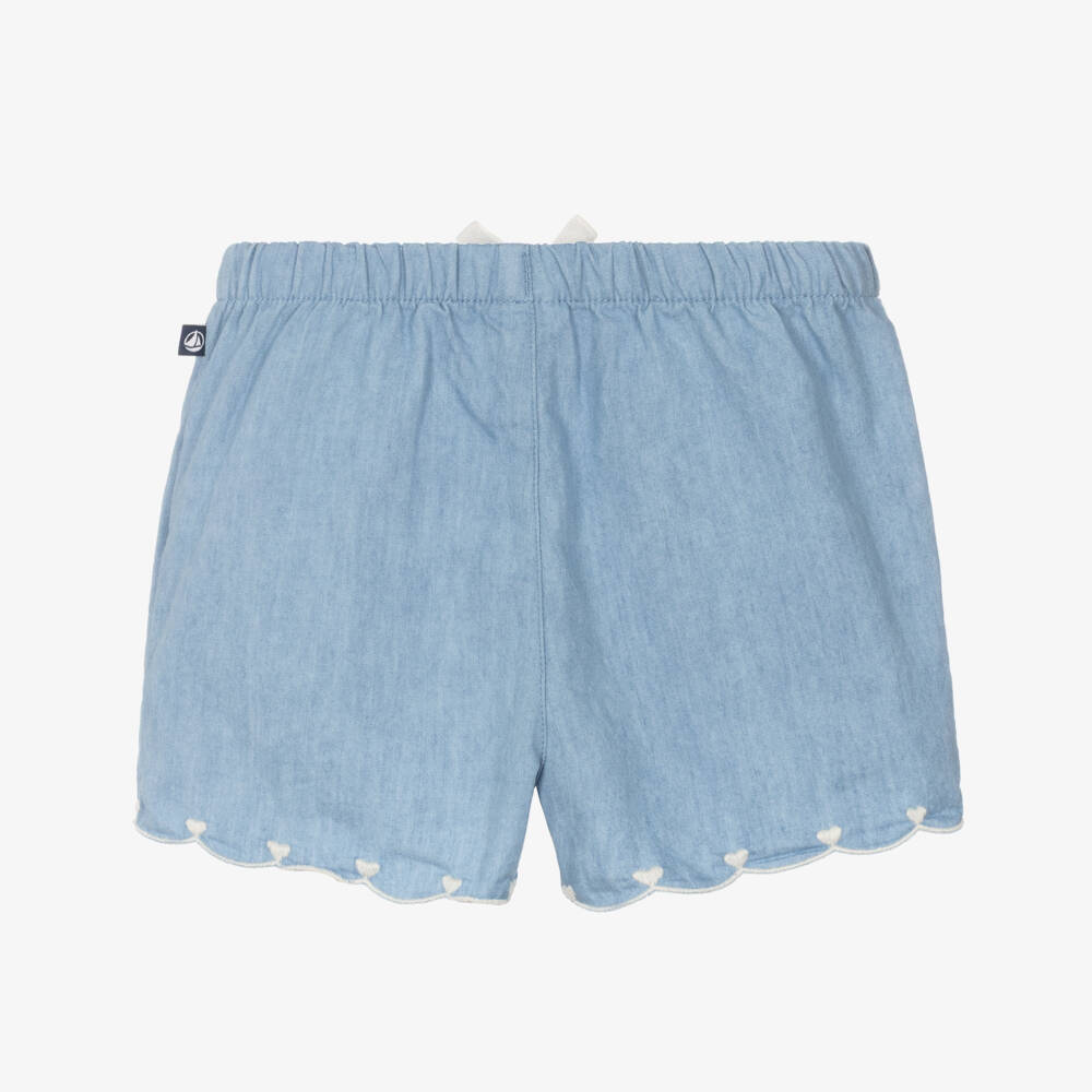 Petit Bateau-Baby Girls Blue Chambray Shorts with Heart Embroidery | Childrensalon