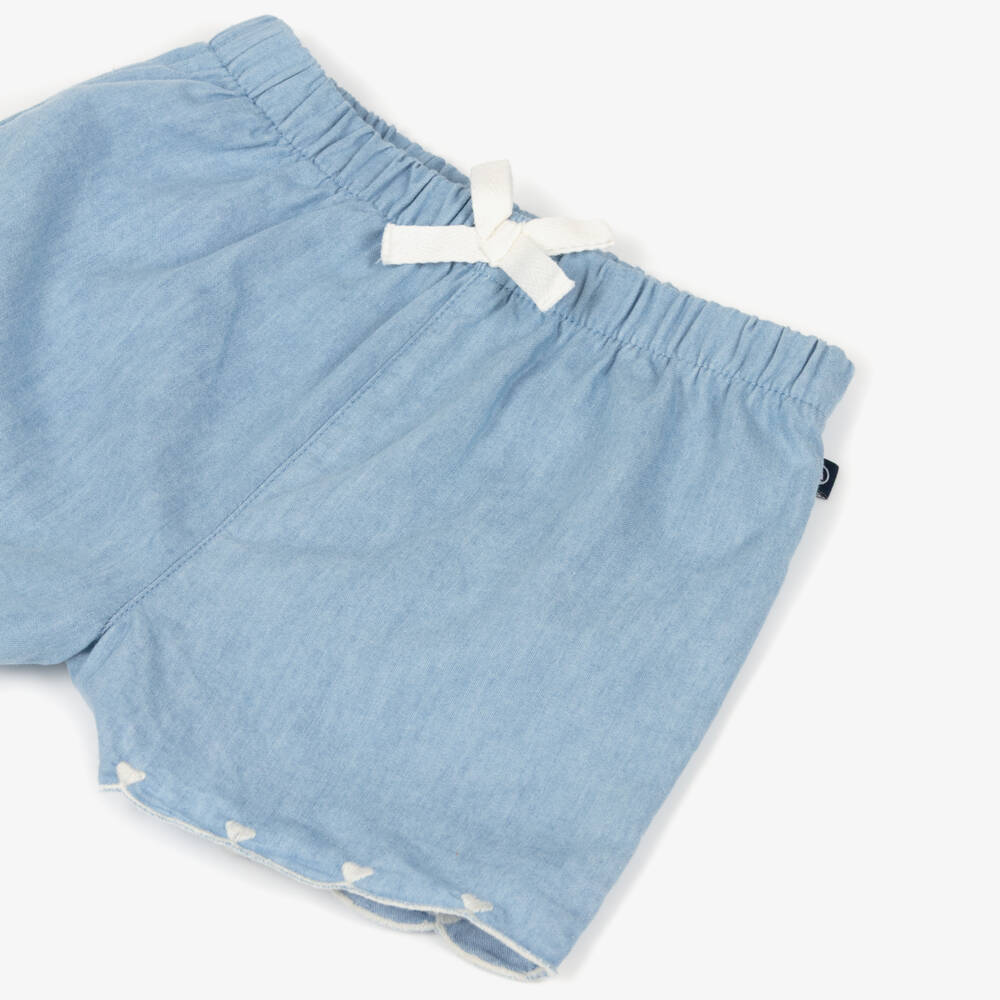 Petit Bateau-Baby Girls Blue Chambray Shorts with Heart Embroidery | Childrensalon