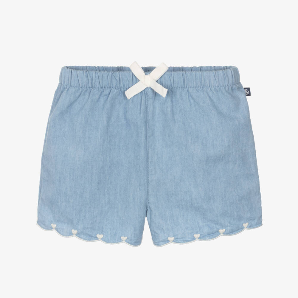 Petit Bateau-Baby Girls Blue Chambray Shorts with Heart Embroidery | Childrensalon