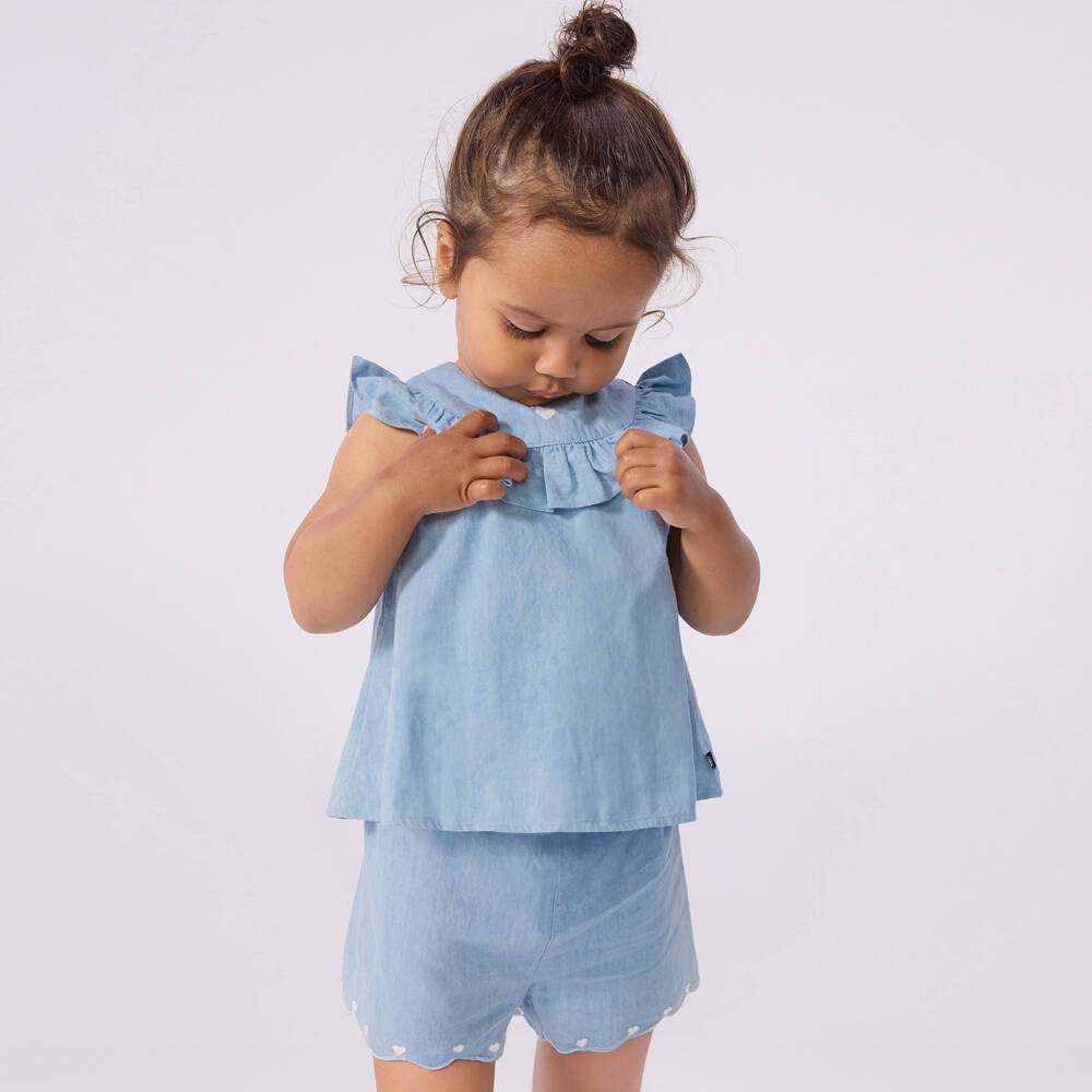 Petit Bateau-Baby Girls Blue Chambray Shorts with Heart Embroidery | Childrensalon