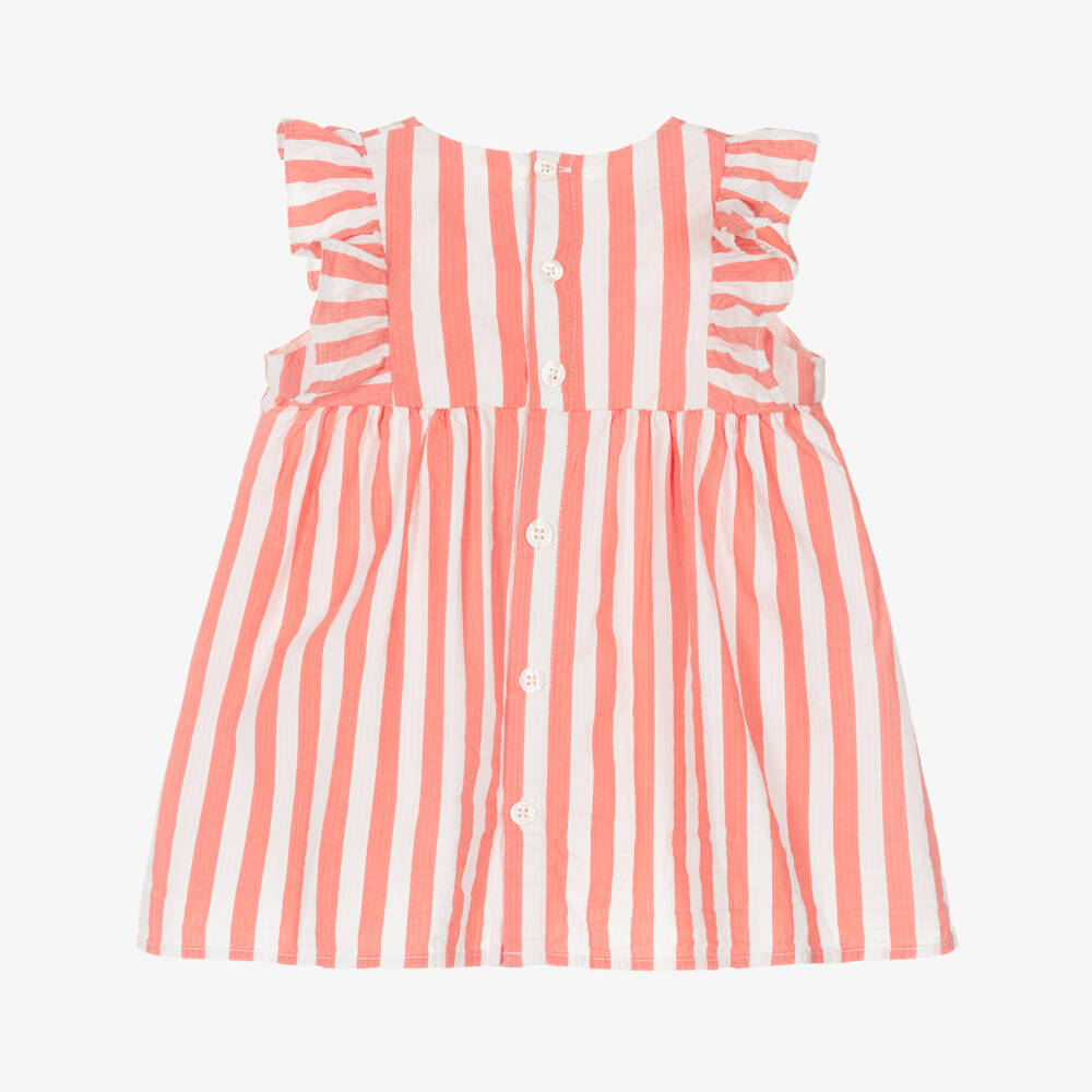 Petit Bateau-Baby Girls Coral Pink & White Striped Cotton Dress | Childrensalon