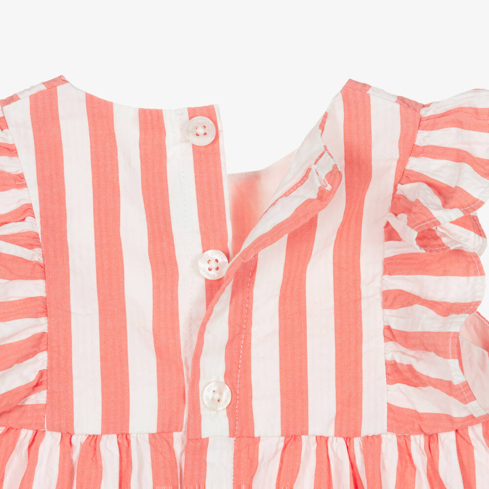 Petit Bateau-Baby Girls Coral Pink & White Striped Cotton Dress | Childrensalon