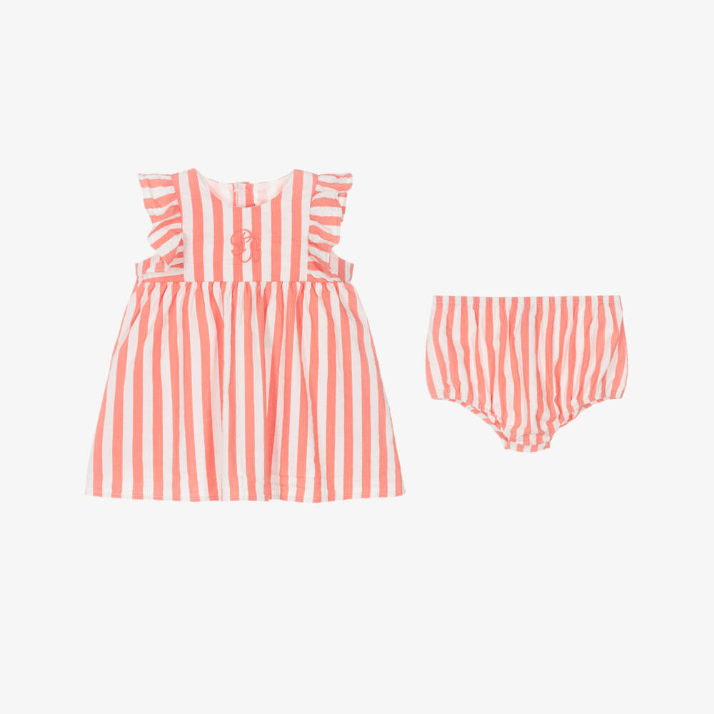 Petit Bateau-Baby Girls Coral Pink & White Striped Cotton Dress | Childrensalon