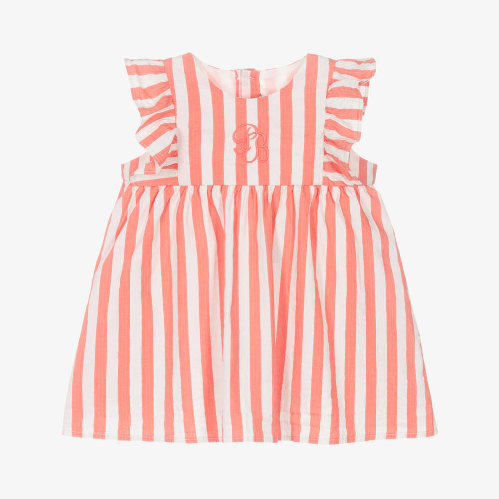 Petit Bateau-Baby Girls Coral Pink & White Striped Cotton Dress | Childrensalon