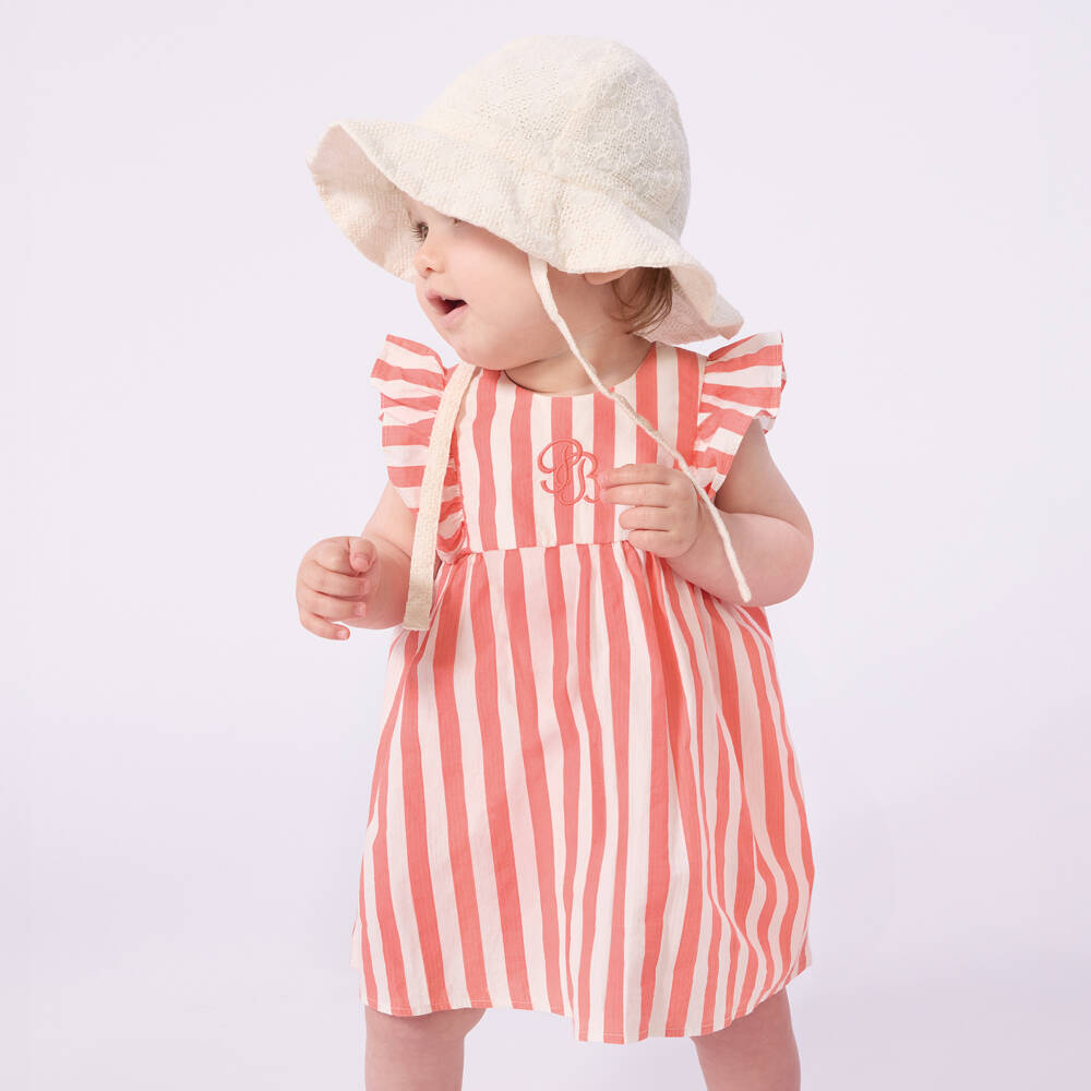Petit Bateau-Baby Girls Coral Pink & White Striped Cotton Dress | Childrensalon