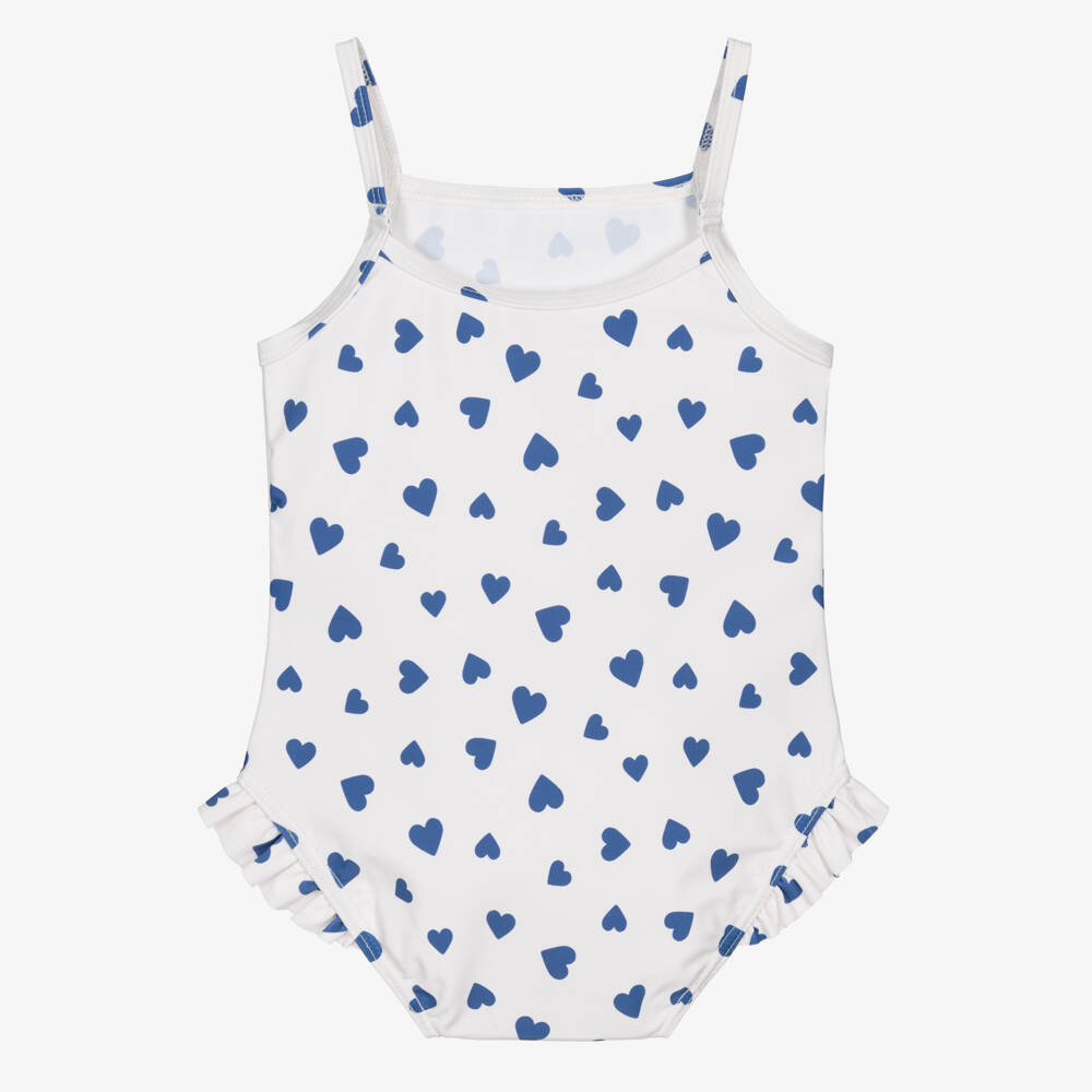 Petit Bateau-Baby Girls Ivory & Blue Hearts Swimsuit | Childrensalon