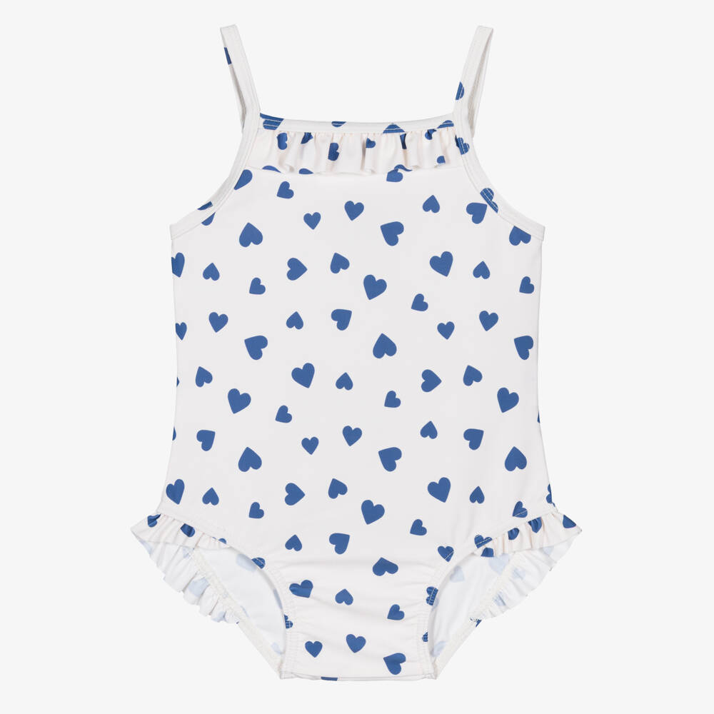 Petit Bateau-Baby Girls Ivory & Blue Hearts Swimsuit | Childrensalon