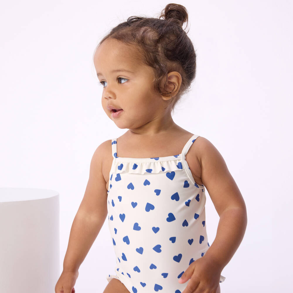 Petit Bateau-Baby Girls Ivory & Blue Hearts Swimsuit | Childrensalon