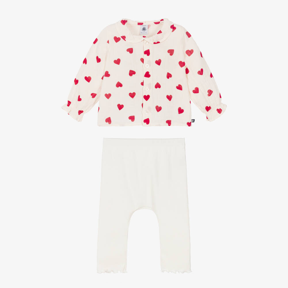 Petit Bateau-Комплект с легинсами кремовый хлопковый с красными сердечками для малышек | Childrensalon