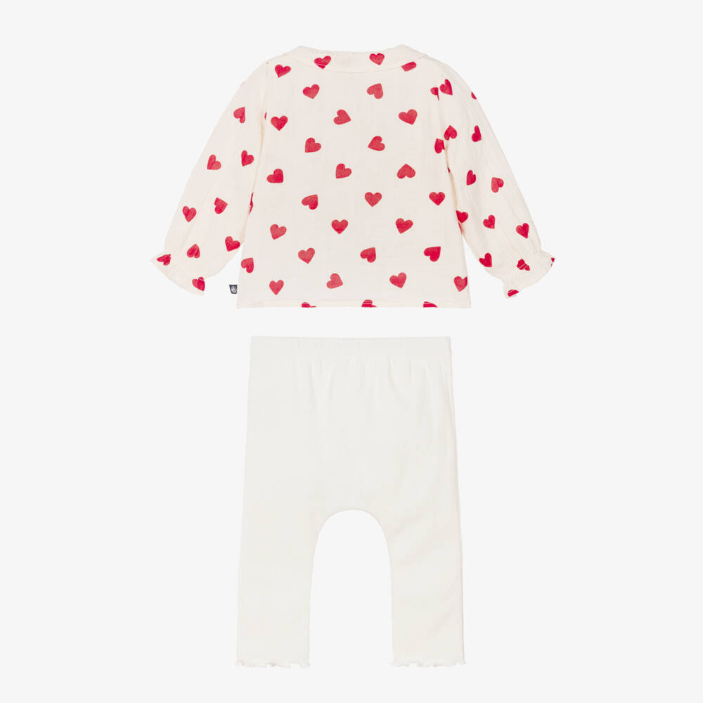 Petit Bateau-Комплект с легинсами кремовый хлопковый с красными сердечками для малышек | Childrensalon