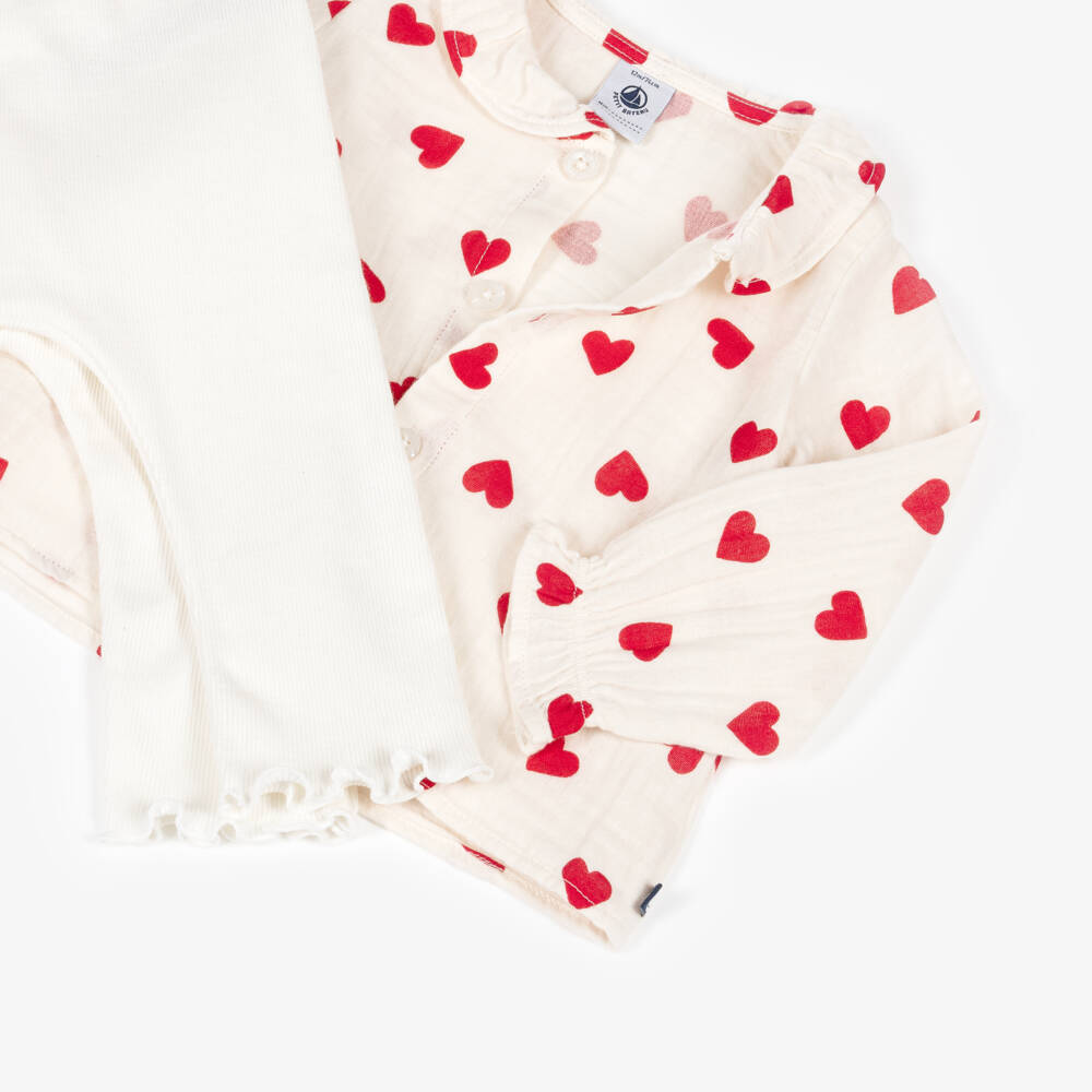 Petit Bateau-Комплект с легинсами кремовый хлопковый с красными сердечками для малышек | Childrensalon