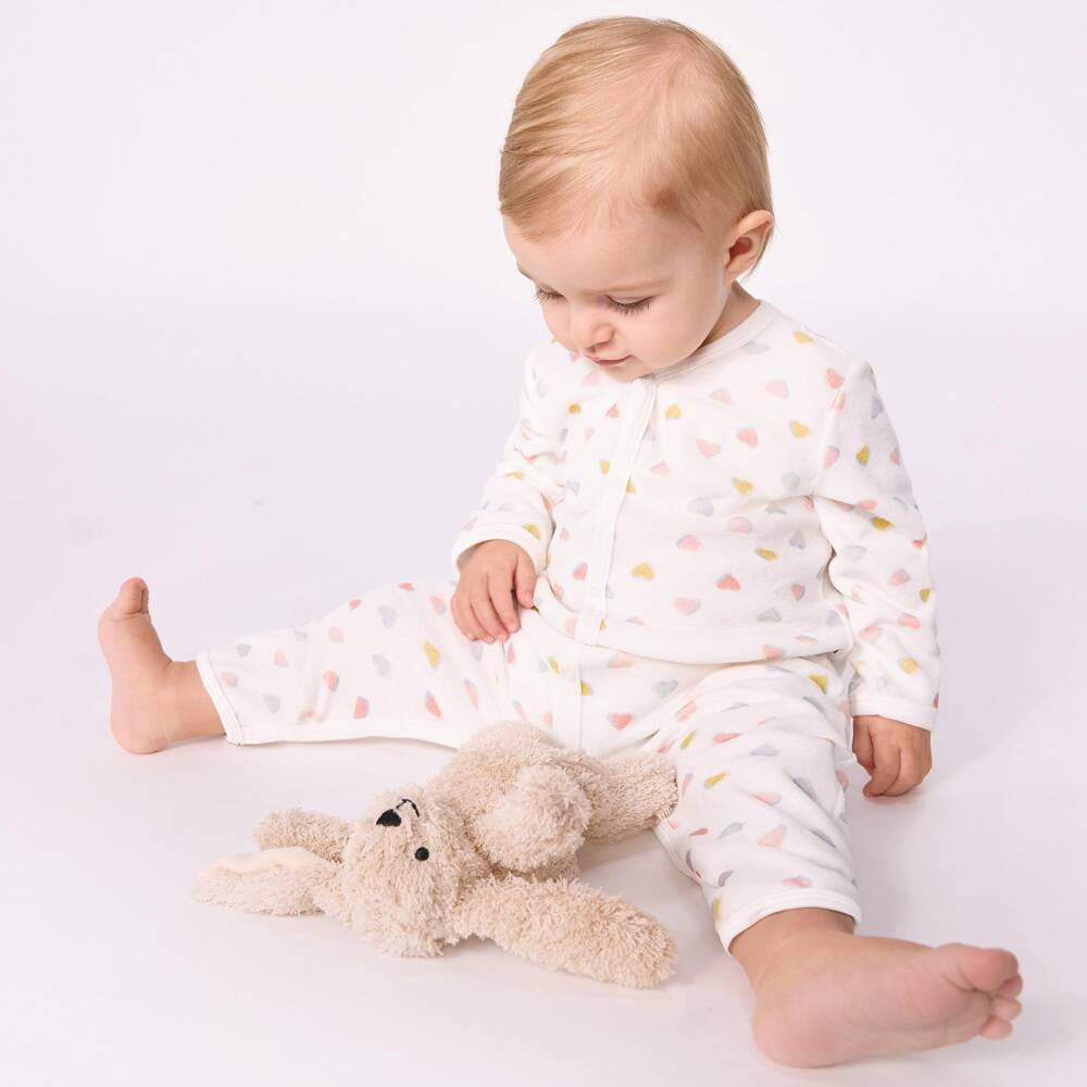 Petit Bateau-Baby Girls Ivory Cotton Romper with Colourful Hearts | Childrensalon