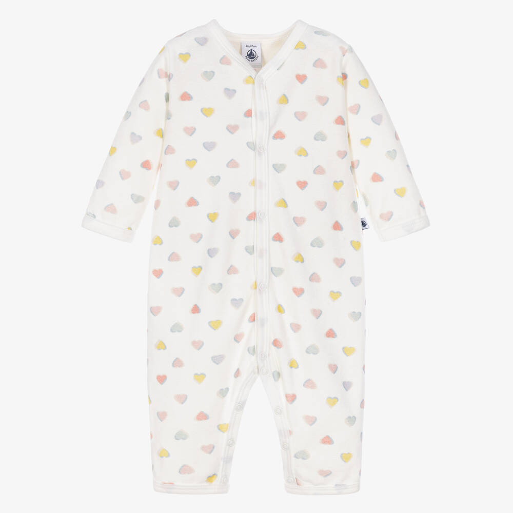 Petit Bateau-Baby Girls Ivory Cotton Romper with Colourful Hearts | Childrensalon