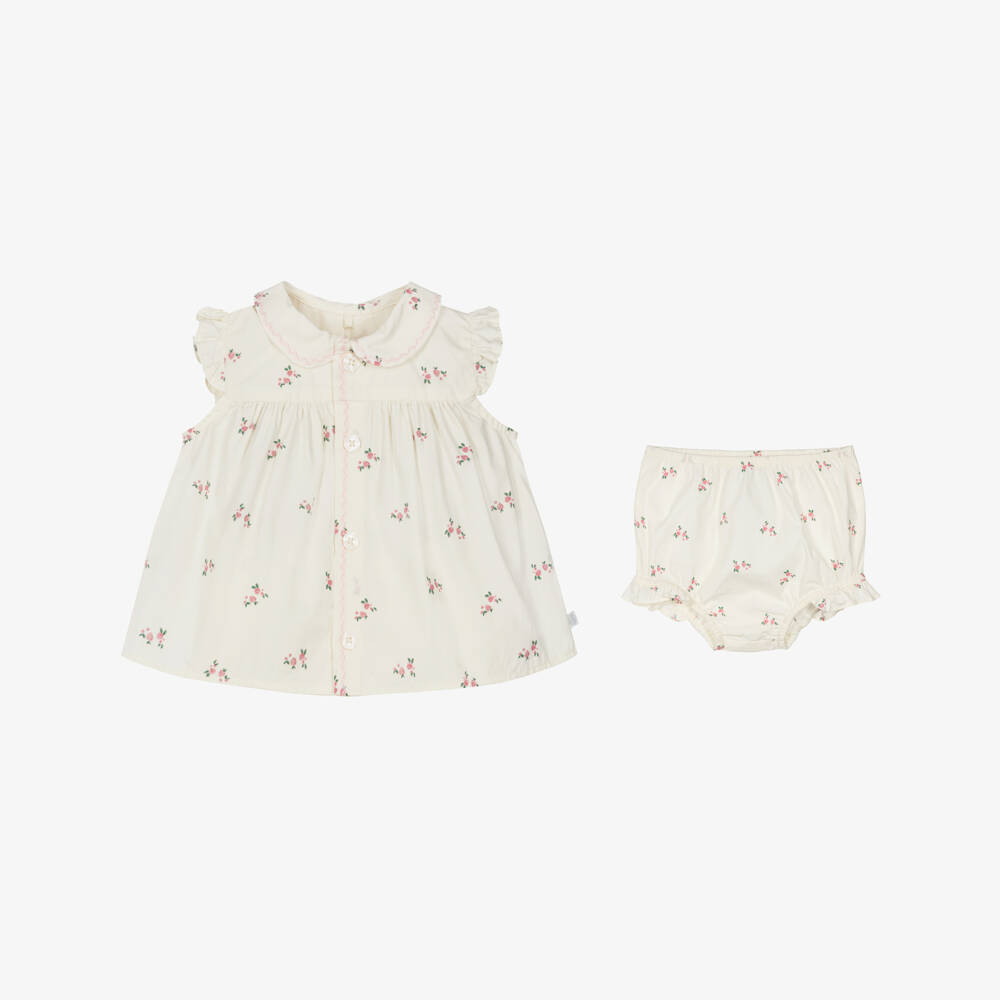 Petit Bateau-Baby Girls Ivory Cotton Shorts Set with Pink Floral Print | Childrensalon