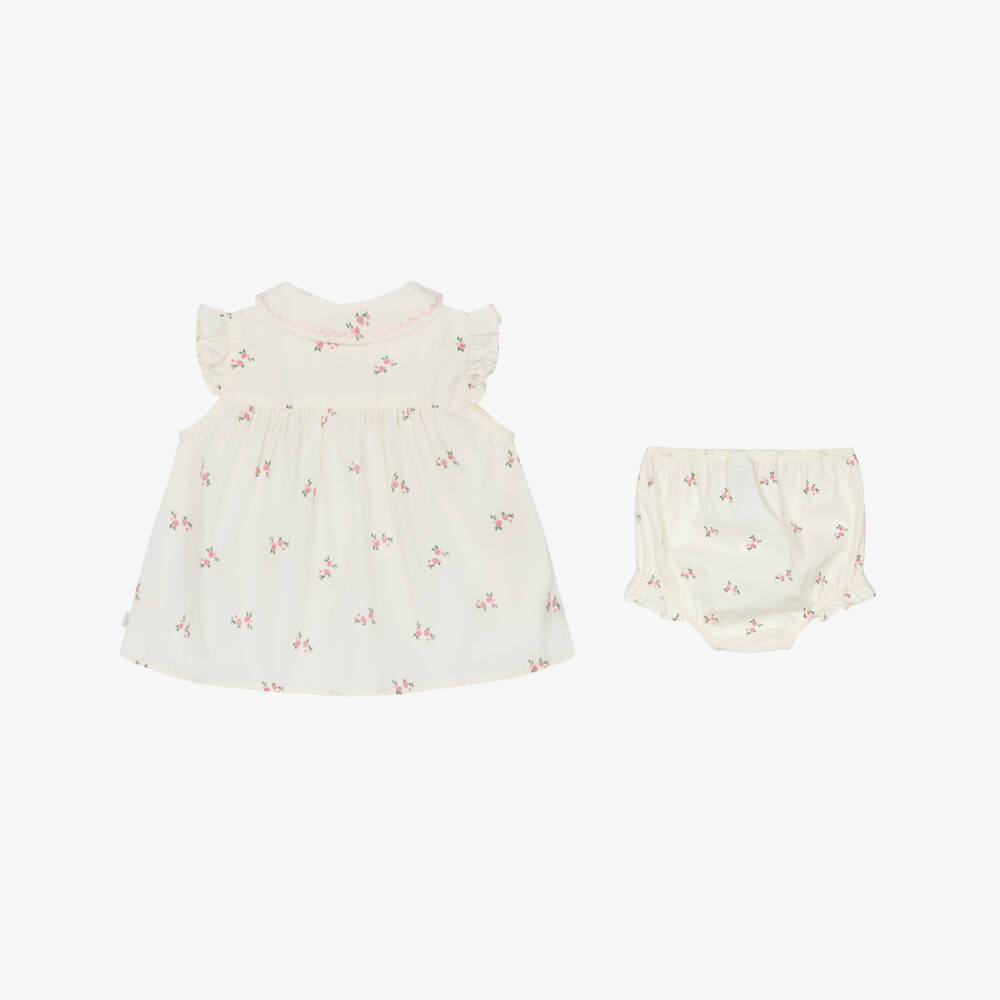 Petit Bateau-Baby Girls Ivory Cotton Shorts Set with Pink Floral Print | Childrensalon