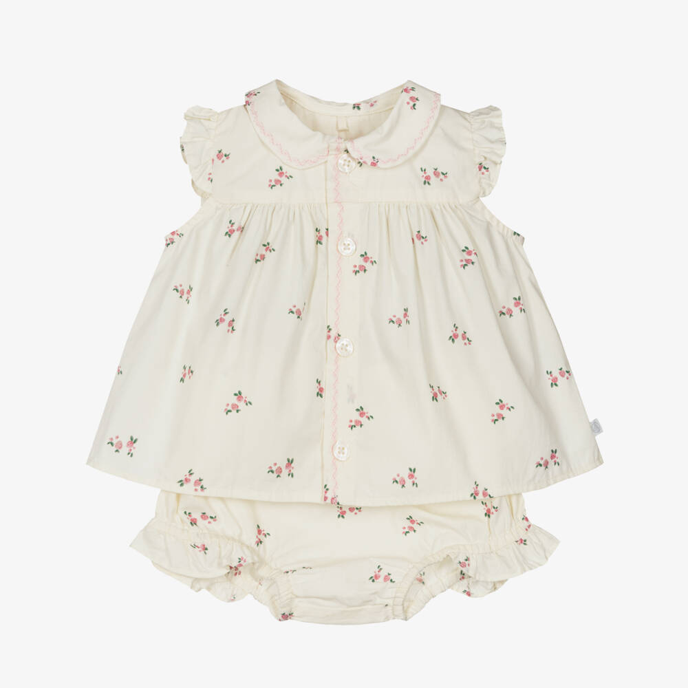 Petit Bateau-Baby Girls Ivory Cotton Shorts Set with Pink Floral Print | Childrensalon