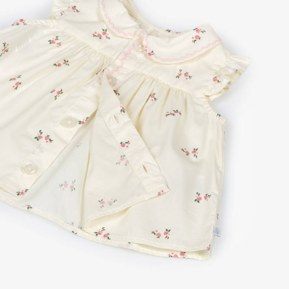 Petit Bateau-Baby Girls Ivory Cotton Shorts Set with Pink Floral Print | Childrensalon
