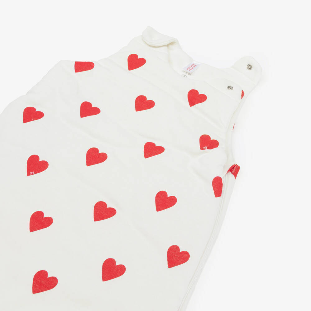 Petit Bateau-Baby Girls Ivory Cotton Sleeping Bag with Red Hearts | Childrensalon