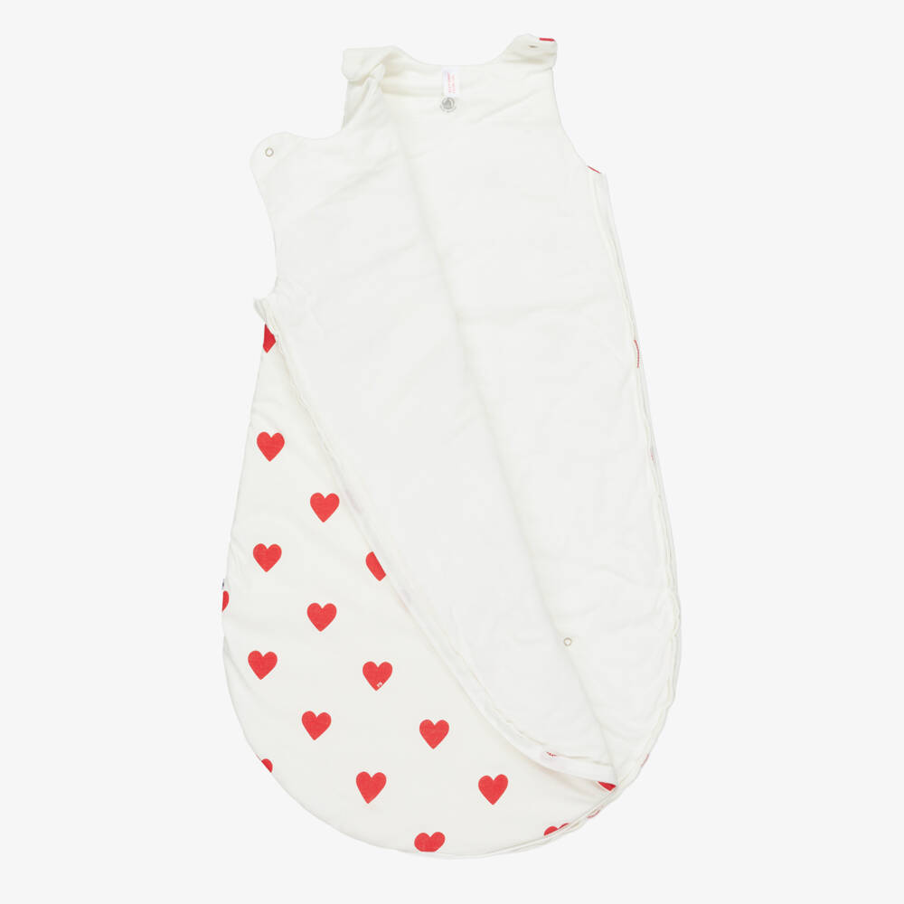 Petit Bateau-Baby Girls Ivory Cotton Sleeping Bag with Red Hearts | Childrensalon