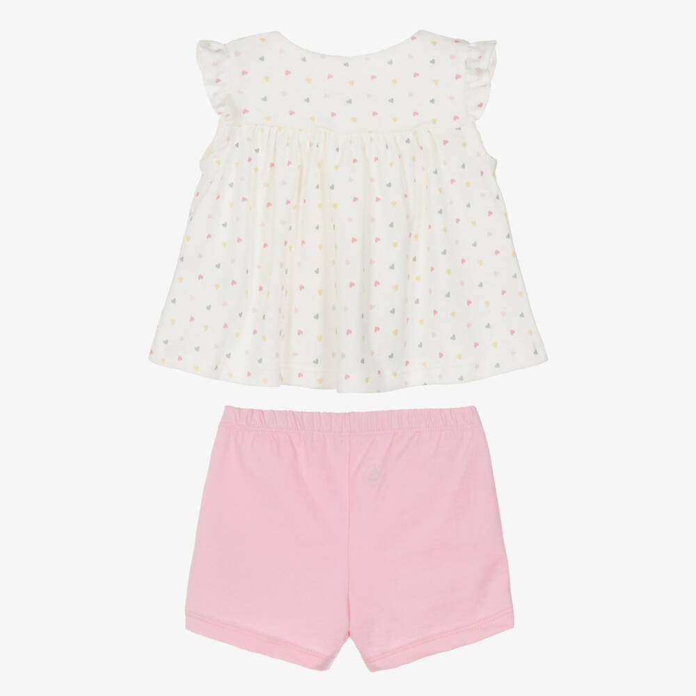 Petit Bateau-Baby Girls Ivory & Pink Cotton Shorts Set with Heart Prints | Childrensalon