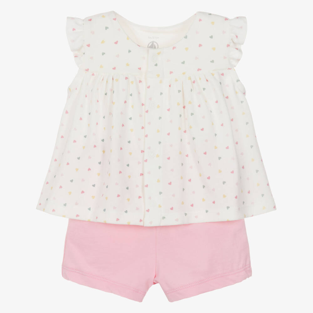 Petit Bateau-Baby Girls Ivory & Pink Cotton Shorts Set with Heart Prints | Childrensalon
