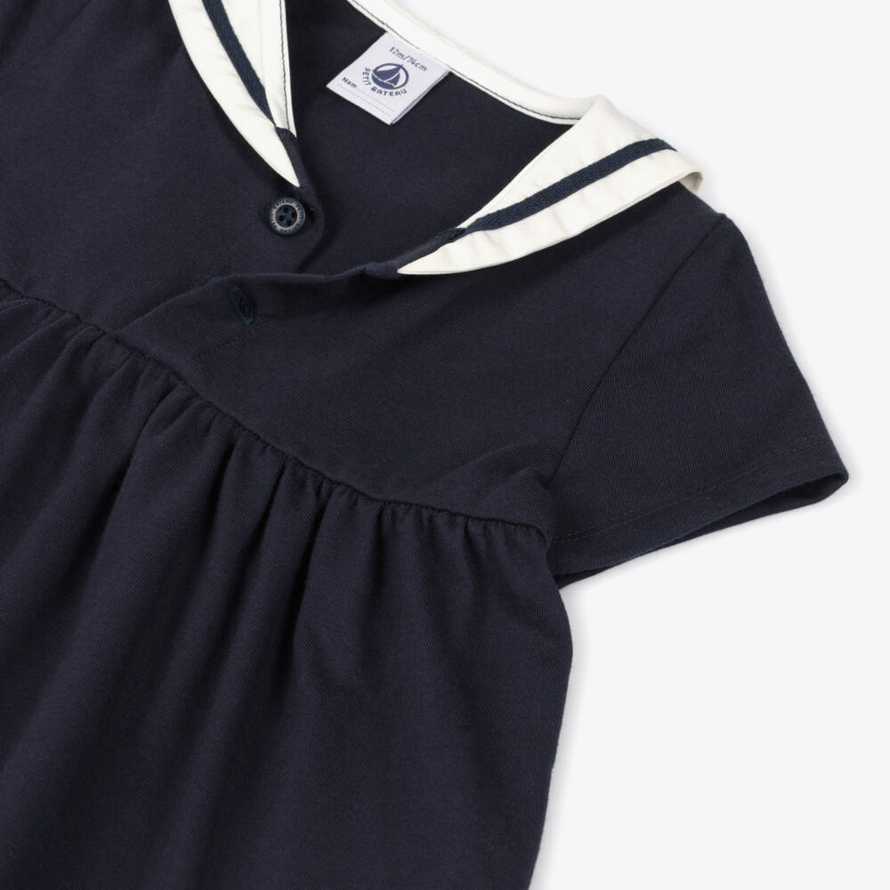 Petit Bateau-Baby Girls Navy Blue Cotton Dress with Sailor Collar | Childrensalon