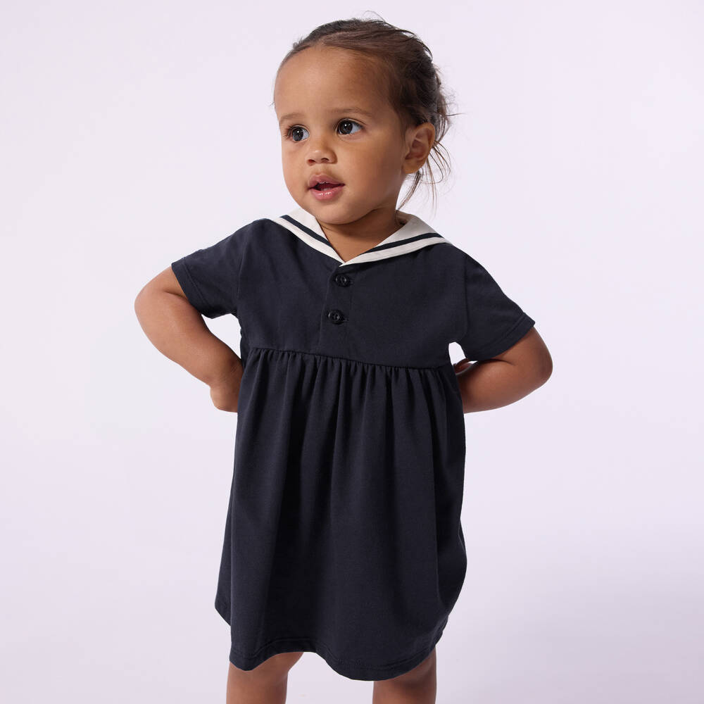 Petit Bateau-Baby Girls Navy Blue Cotton Dress with Sailor Collar | Childrensalon