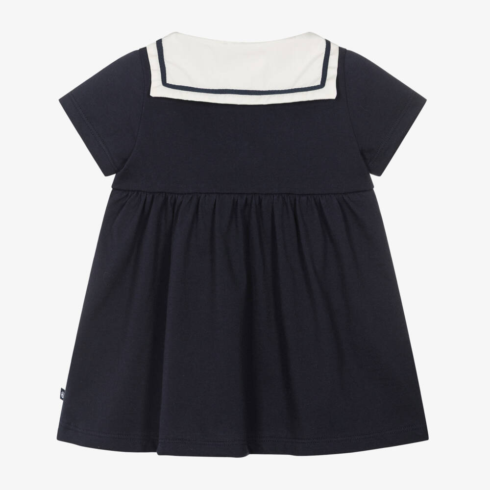 Petit Bateau-Baby Girls Navy Blue Cotton Dress with Sailor Collar | Childrensalon