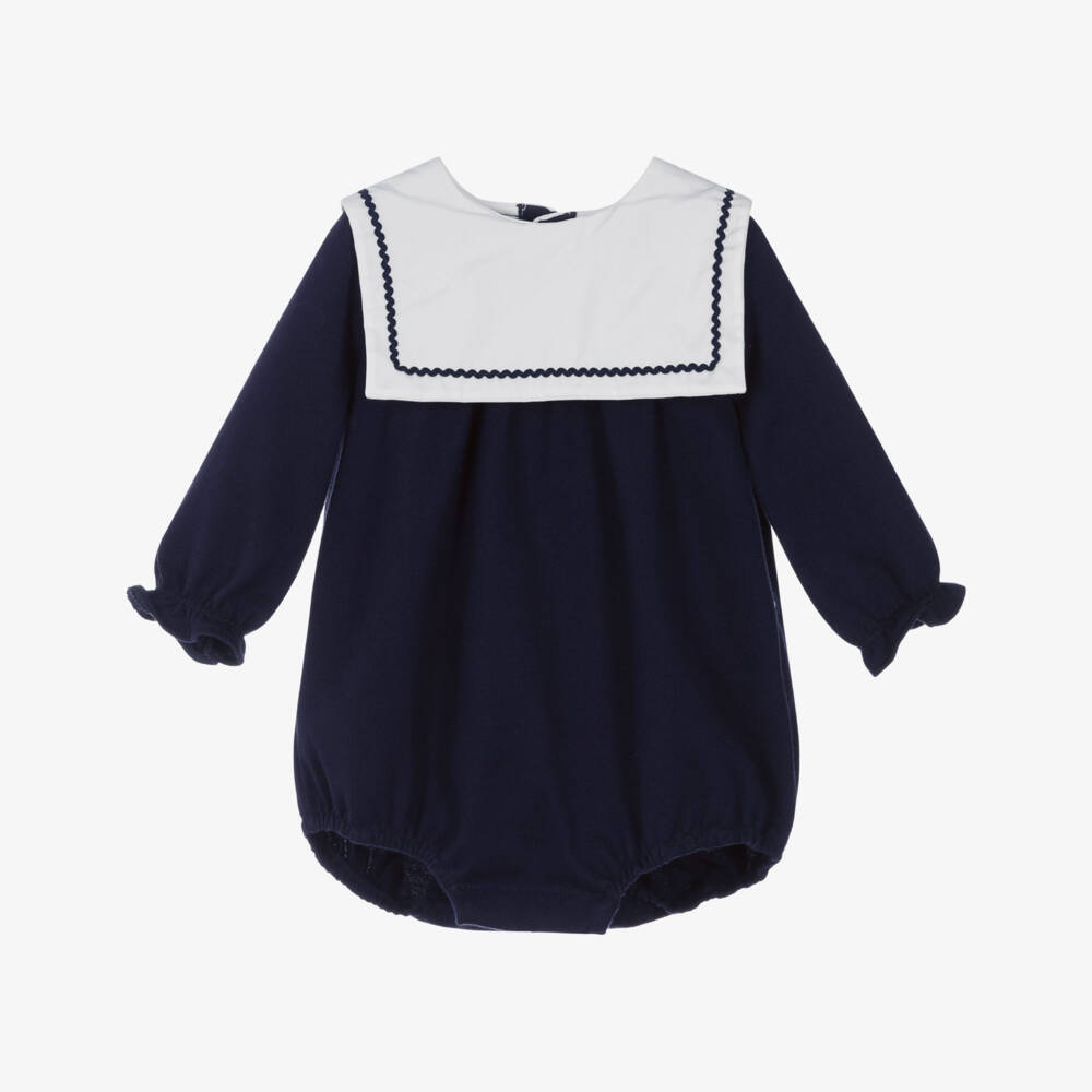 Petit Bateau-Baby Girls Navy Blue Cotton Jersey Sailor Collar Shortie | Childrensalon