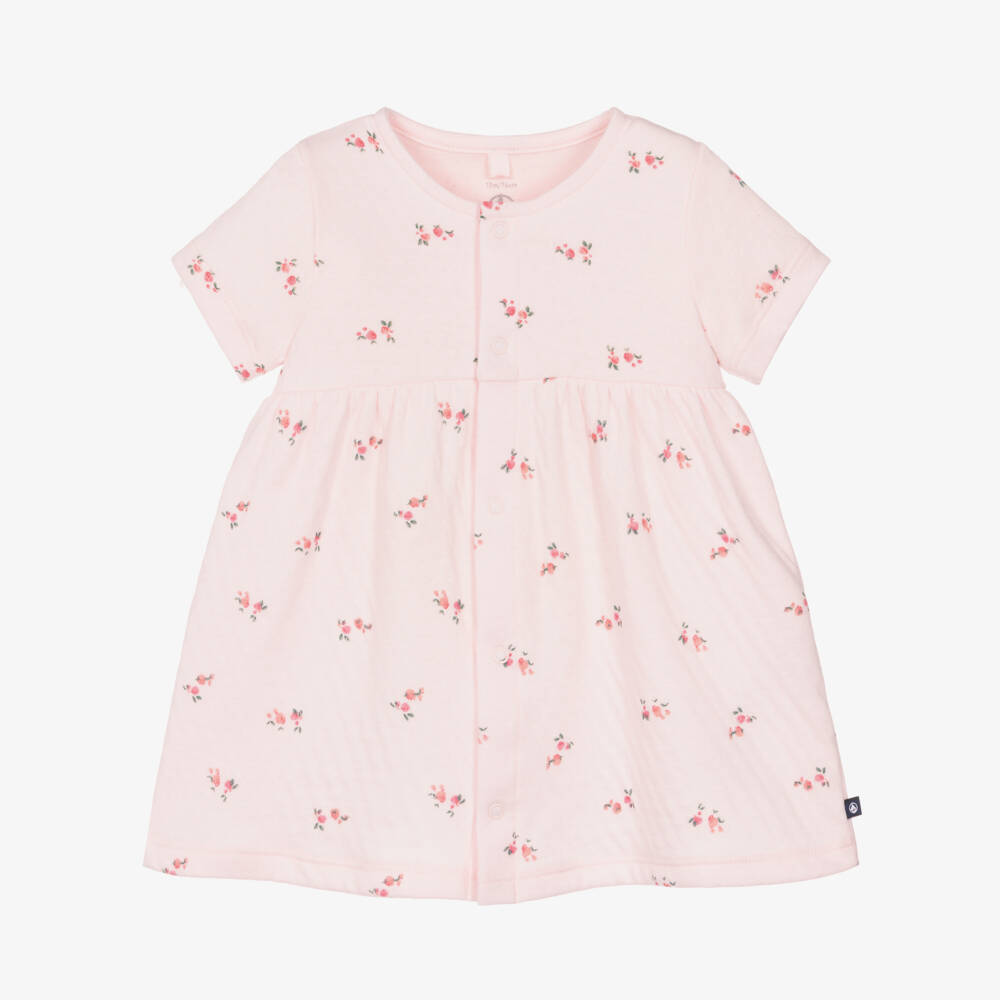 Petit Bateau-Baby Girls Pale Pink Pointelle Cotton Dress with Floral Print | Childrensalon