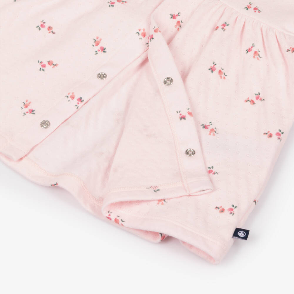 Petit Bateau-Baby Girls Pale Pink Pointelle Cotton Dress with Floral Print | Childrensalon