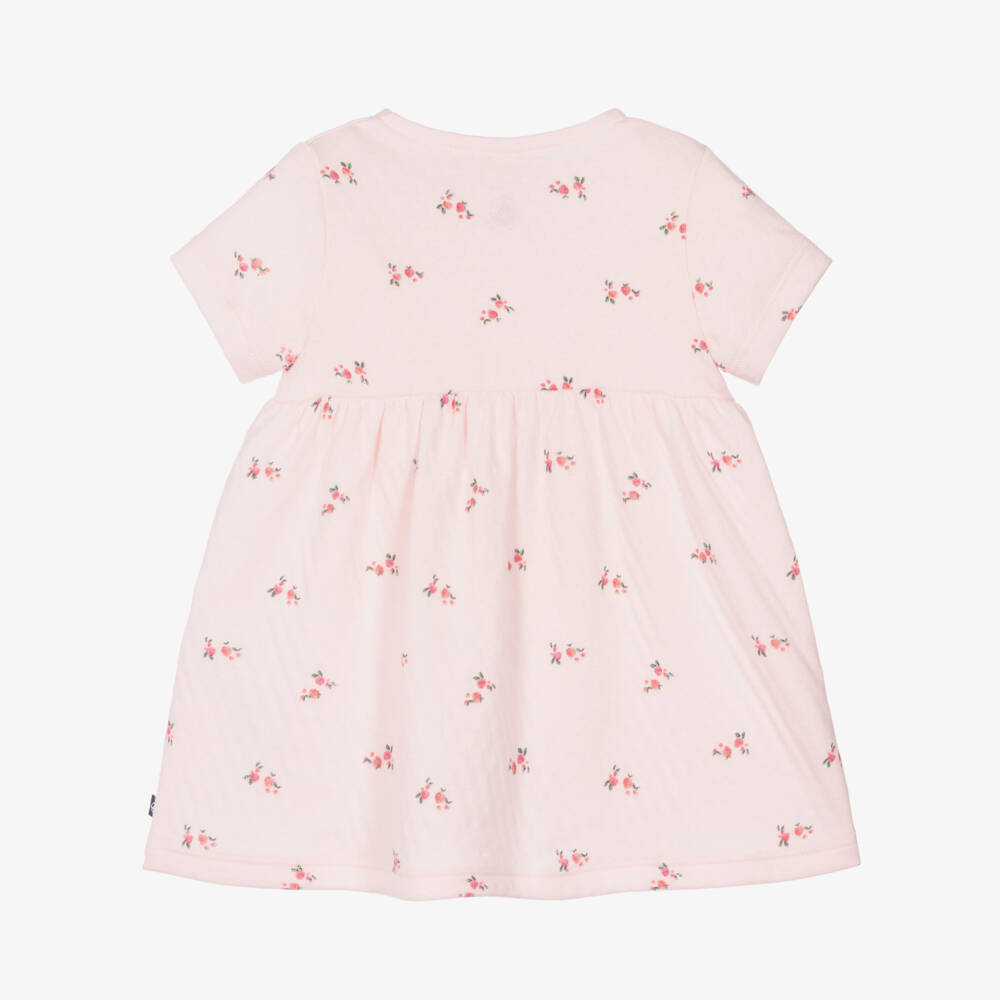 Petit Bateau-Baby Girls Pale Pink Pointelle Cotton Dress with Floral Print | Childrensalon
