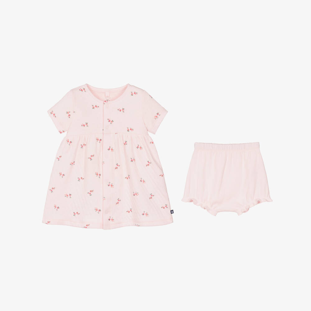 Petit Bateau-Baby Girls Pale Pink Pointelle Cotton Dress with Floral Print | Childrensalon