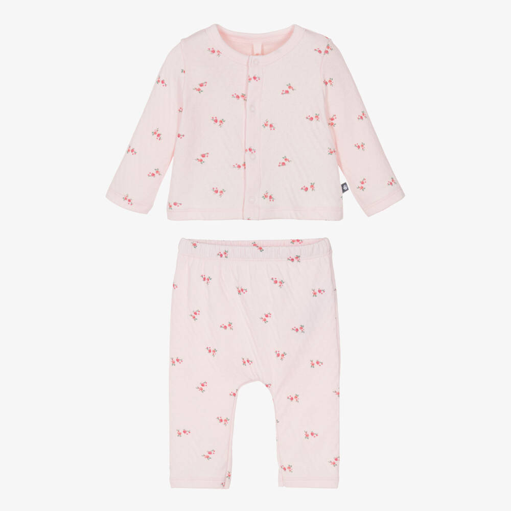 Petit Bateau-Baby Girls Pale Pink Pointelle Cotton Trousers Set | Childrensalon