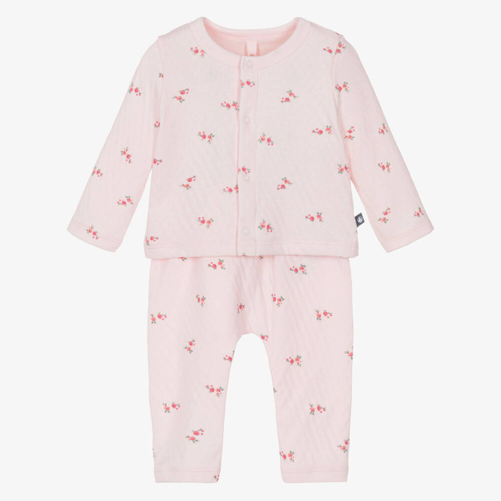 Petit Bateau-Baby Girls Pale Pink Pointelle Cotton Trousers Set | Childrensalon