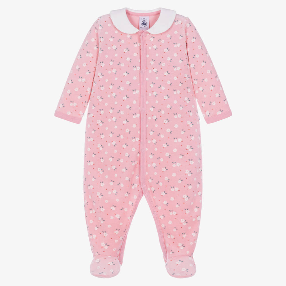 Petit Bateau-Baby Girls Pink Floral Babysuit in Terry Velour | Childrensalon