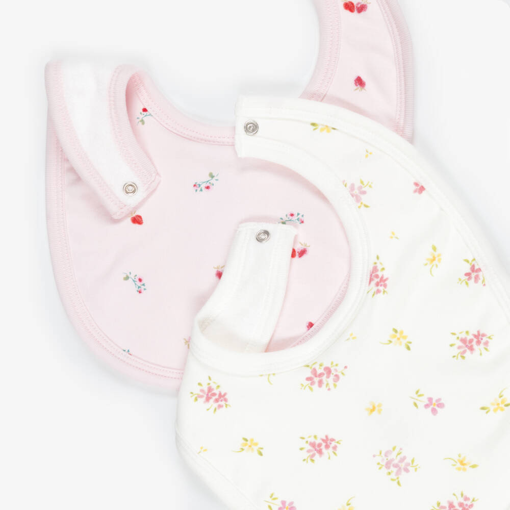 Petit Bateau-Baby Girls Pink & Ivory Cotton Floral Print Bibs (2 Pack) | Childrensalon
