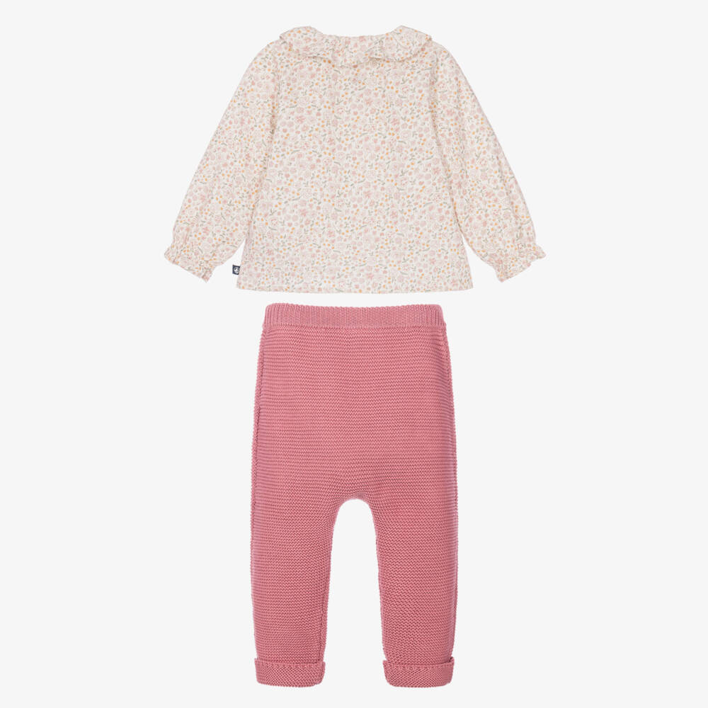 Petit Bateau-Baby Girls Pink Knitted Trouser Set with Floral Print | Childrensalon