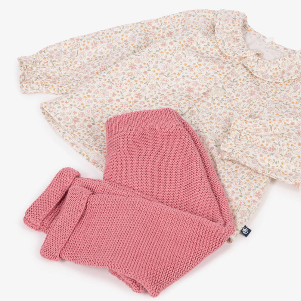 Petit Bateau-Baby Girls Pink Knitted Trouser Set with Floral Print | Childrensalon