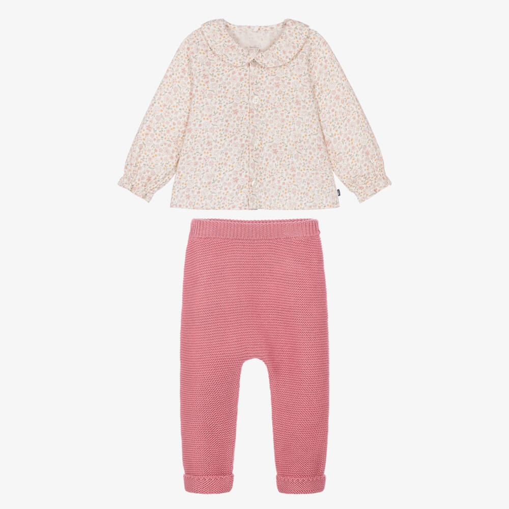 Petit Bateau-Baby Girls Pink Knitted Trouser Set with Floral Print | Childrensalon