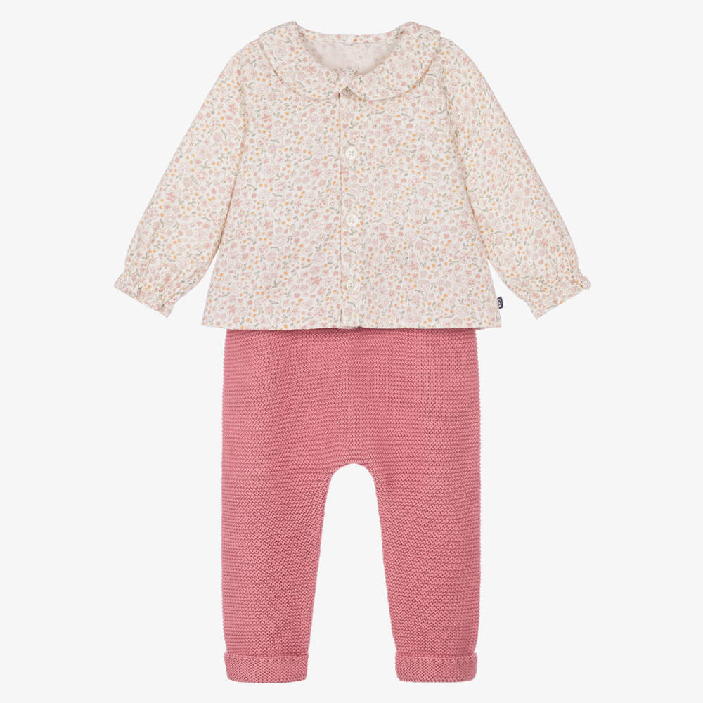 Petit Bateau-Baby Girls Pink Knitted Trouser Set with Floral Print | Childrensalon