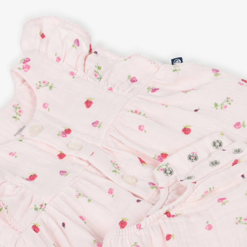 Petit Bateau-Baby Girls Pink Muslin Shortie with Strawberry Print | Childrensalon